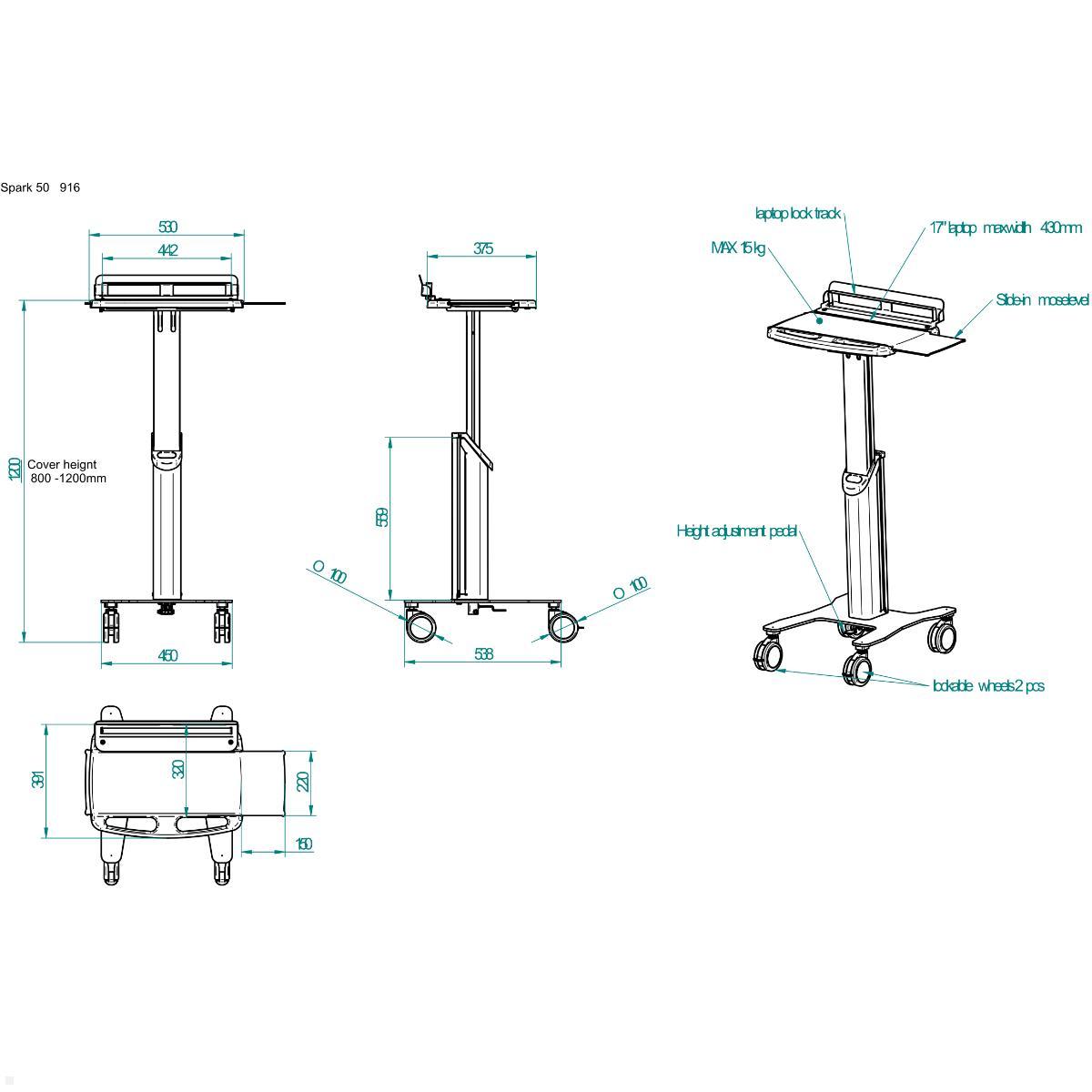 Spark Ergonomics Laptop Visitenwagen (SPARKe 50), technische Zeichnung