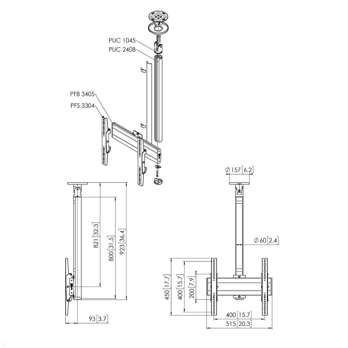 Vogels Connect-it CT240844S TV Deckenhalter bis 65 Zoll, silber, Zeichnung Maße