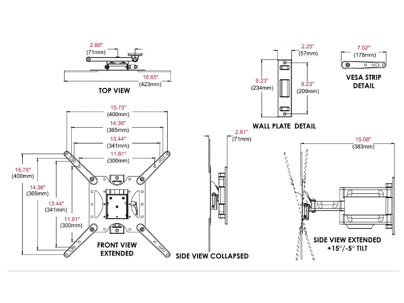 Peerless PA746 Paramount schwenkbare Wandhalterung Zeichnung