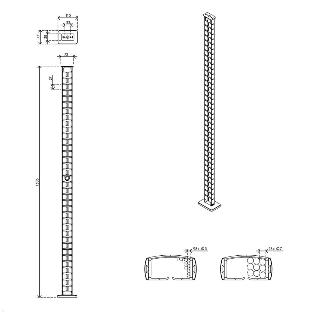 Dataflex Addit Kabelführung mit Magnet für Steh-Sitz Tisch 130 cm, weiß (34.460), technische Zeichnung