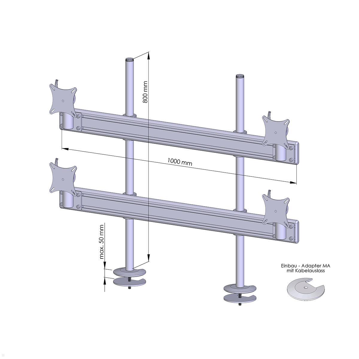 MonLines MTH203G Flat 2+2 Monitor Tischhalterung Einbau bis 25 Zoll, grau, Zeichnung, Maße