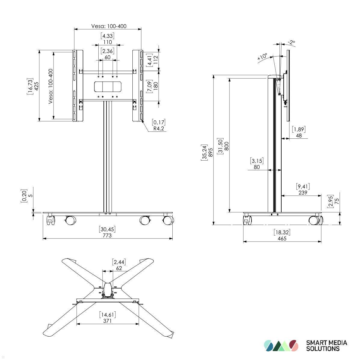 SMS Icon FM MT 1200 mobiler Monitorständer bis 50 Zoll, schwarz (K12-004-1) technische Zeichnung