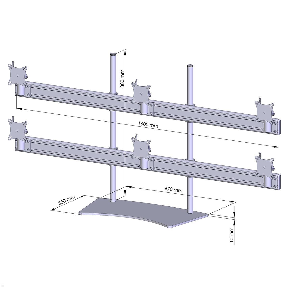 MonLines MTH286G Flat 3+3 Monitorhalterung mit Tischstandfuß bis 32 Zoll, grau, Zeichnung Maße