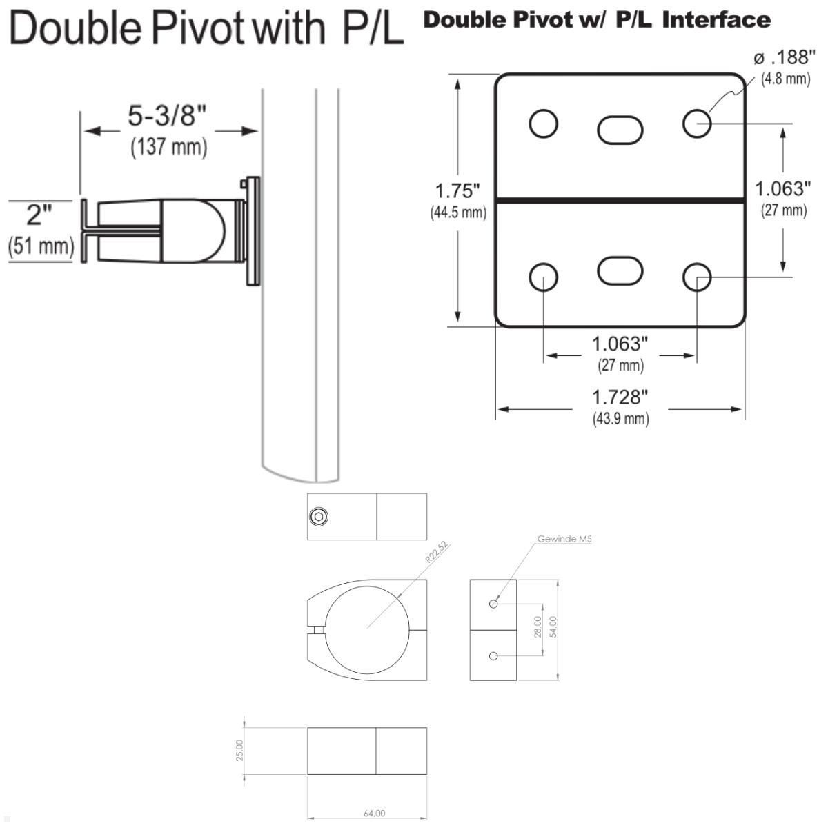 Ergotron Serie 100 Double Monitorhalterung für Rohre / Säulen 41-45 mm, technische Zeichnung