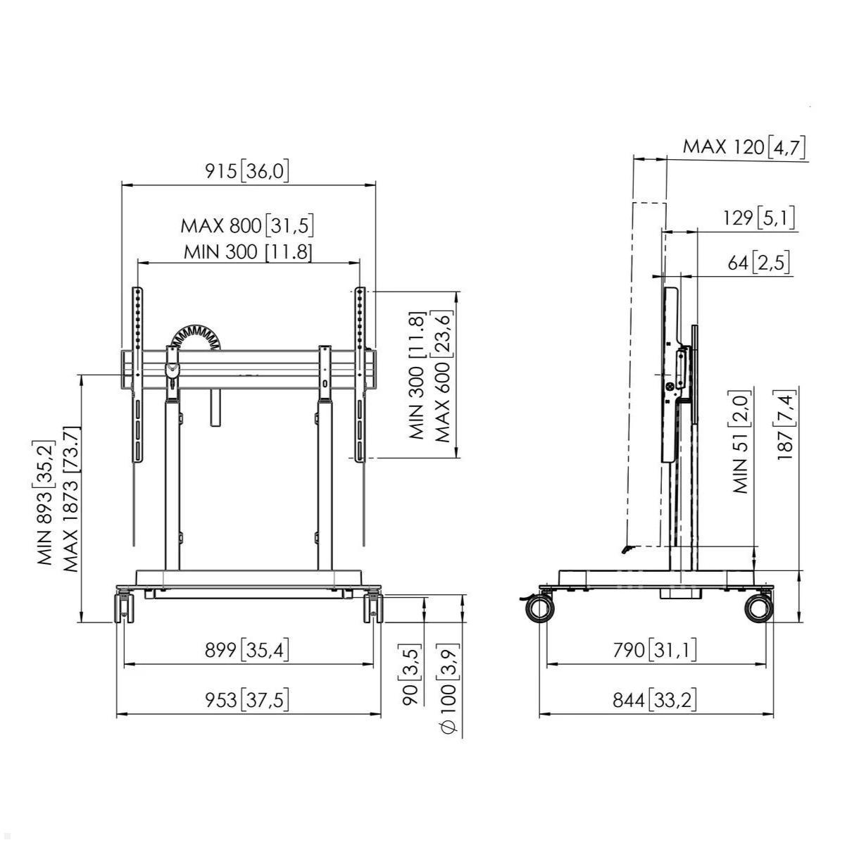 Vogels RISE 5305 mobiler elektrischer TV Ständer, 50 mm/s, Doppelrollen, technische Zeichnung