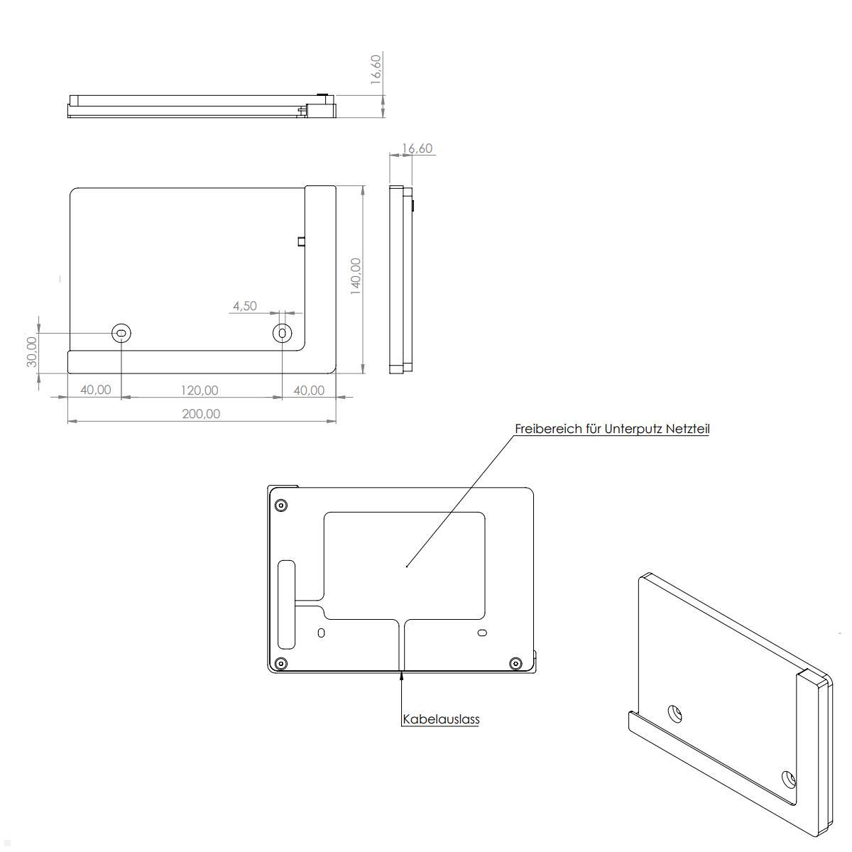 TabLines TWP015B Wandhalterung für Apple iPad Air 3 10.5 (2019), schwarz, Zeichnung Maße ohne Tablet