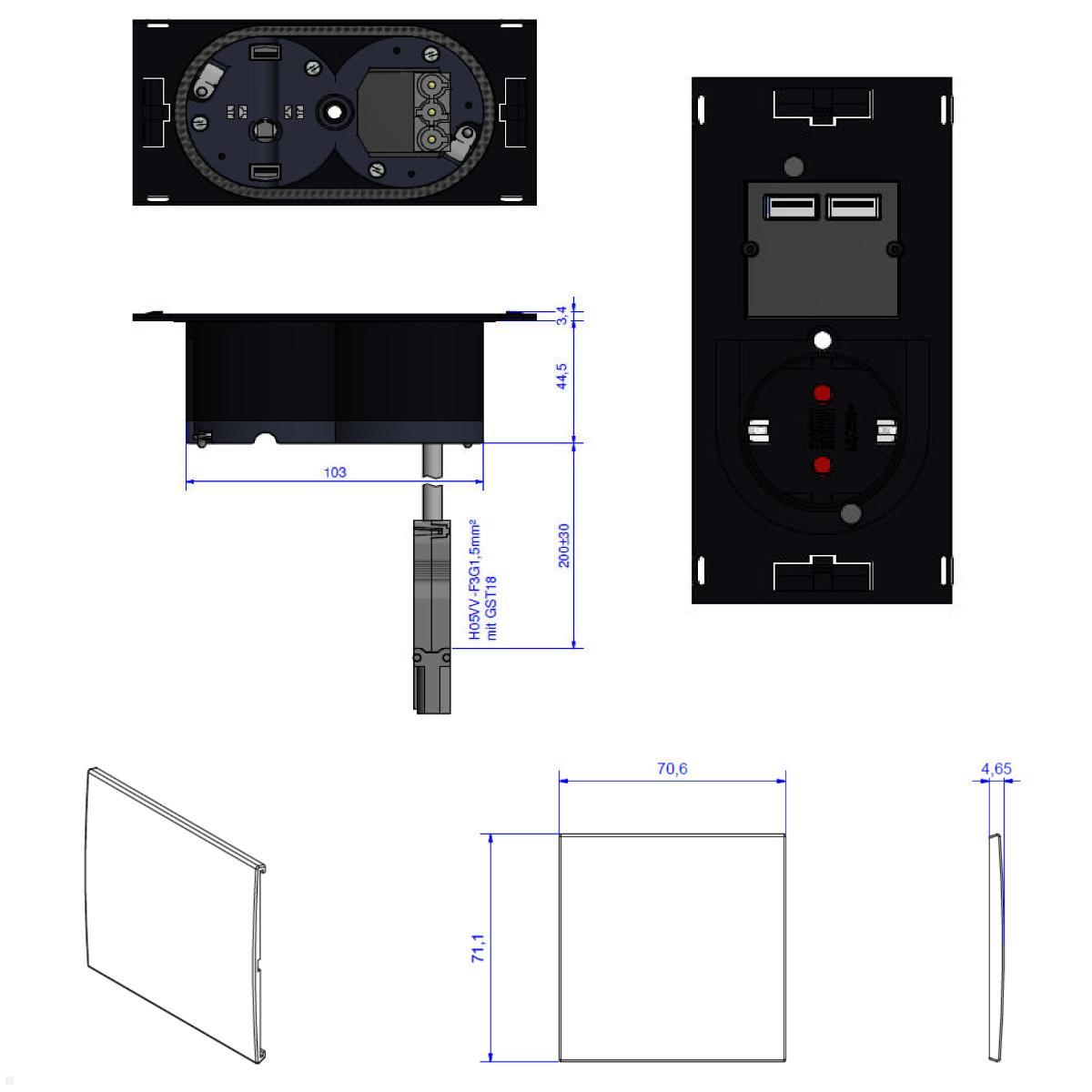 Bachmann DUE Steckdose, USB-A Doppelcharger, Deckel, weiß (929.040DW), technische Zeichnung