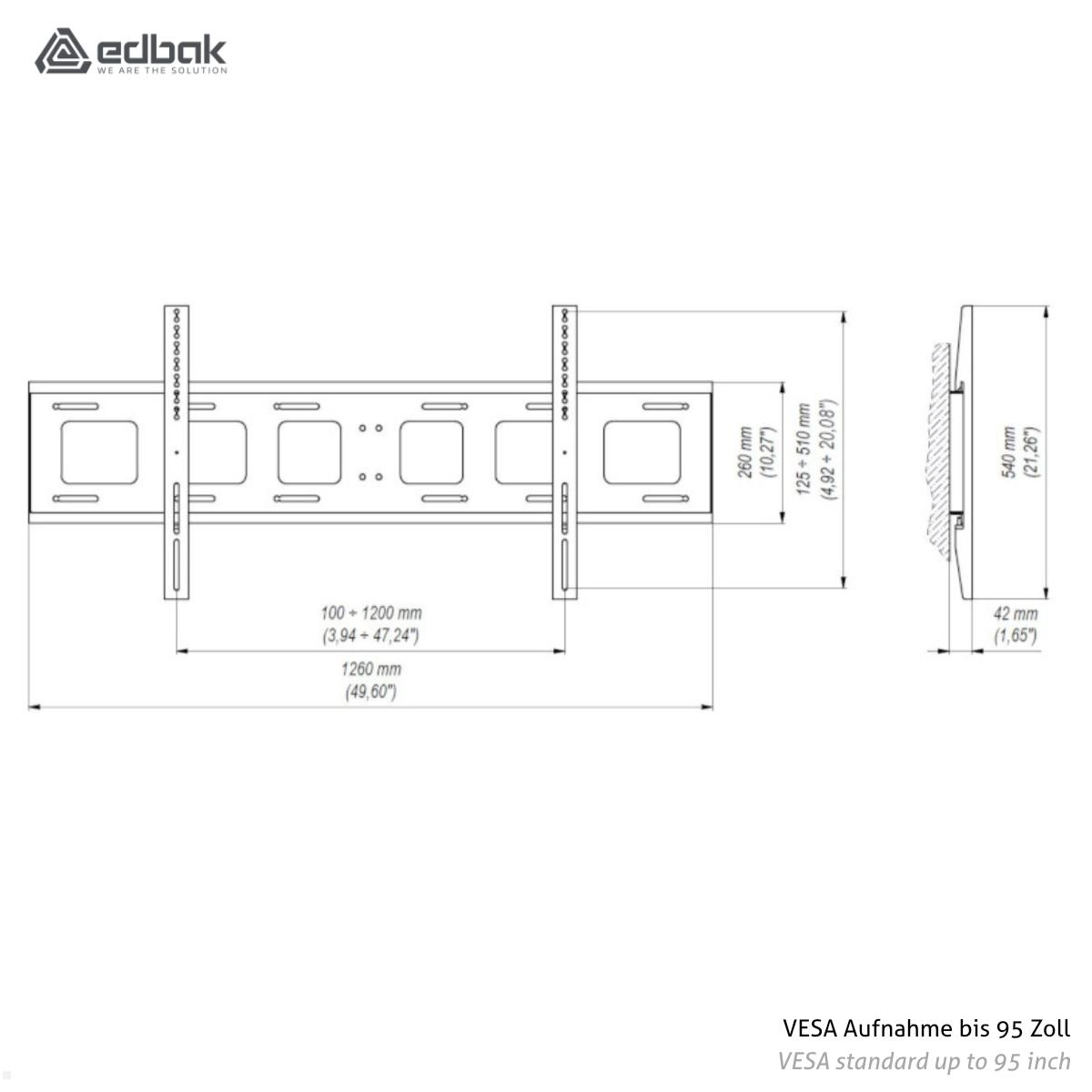 Edbak CMS21+XWB1 höhenverstellbare TV Deckenhalterung 37-95 Zoll, schwarz technische Zeichnung VESA Aufnahme bis 95 Zoll