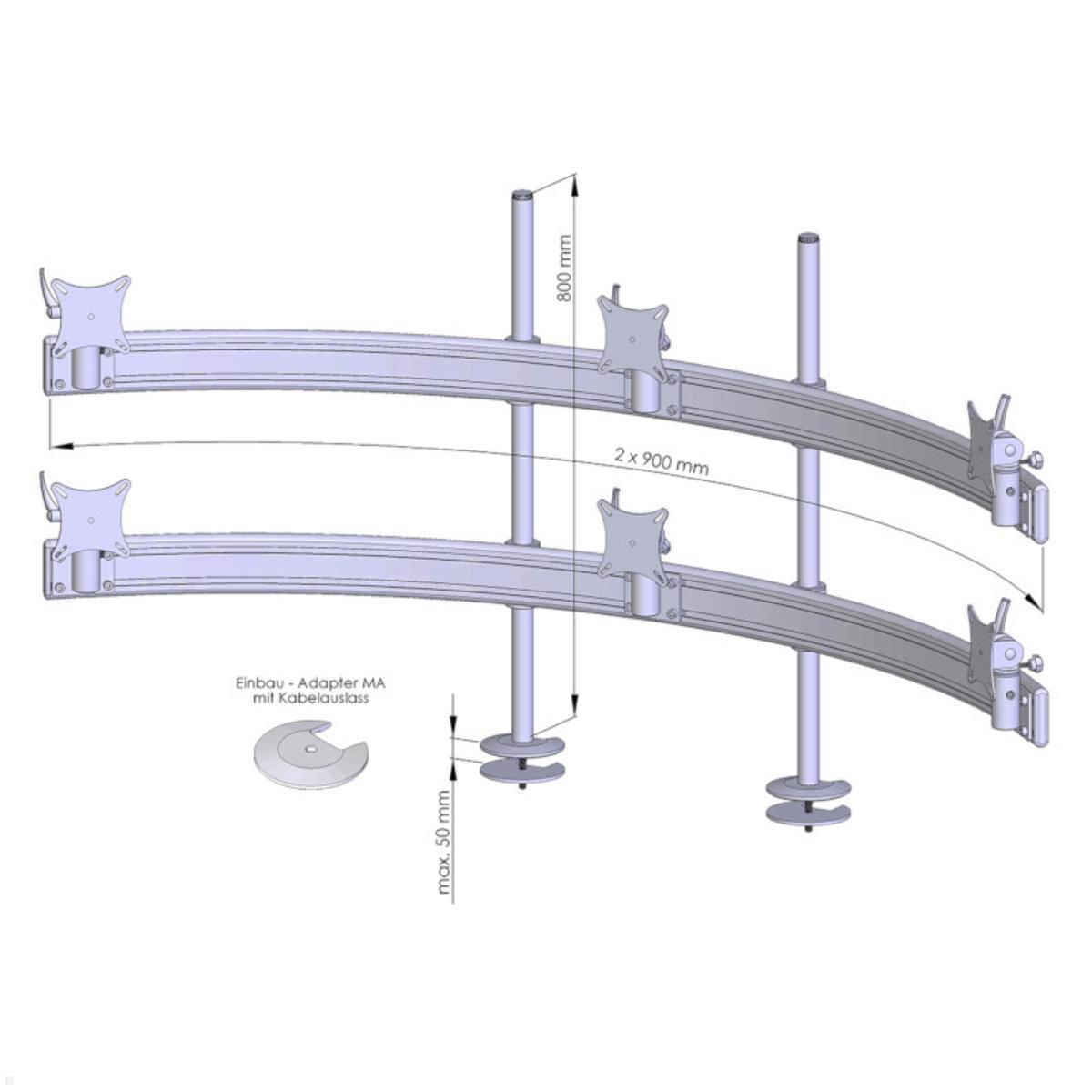 MonLines MTH226B Para 3+3 Monitor Tischhalter Einbau bis 32 Zoll, schwarz, Zeichnung Maße