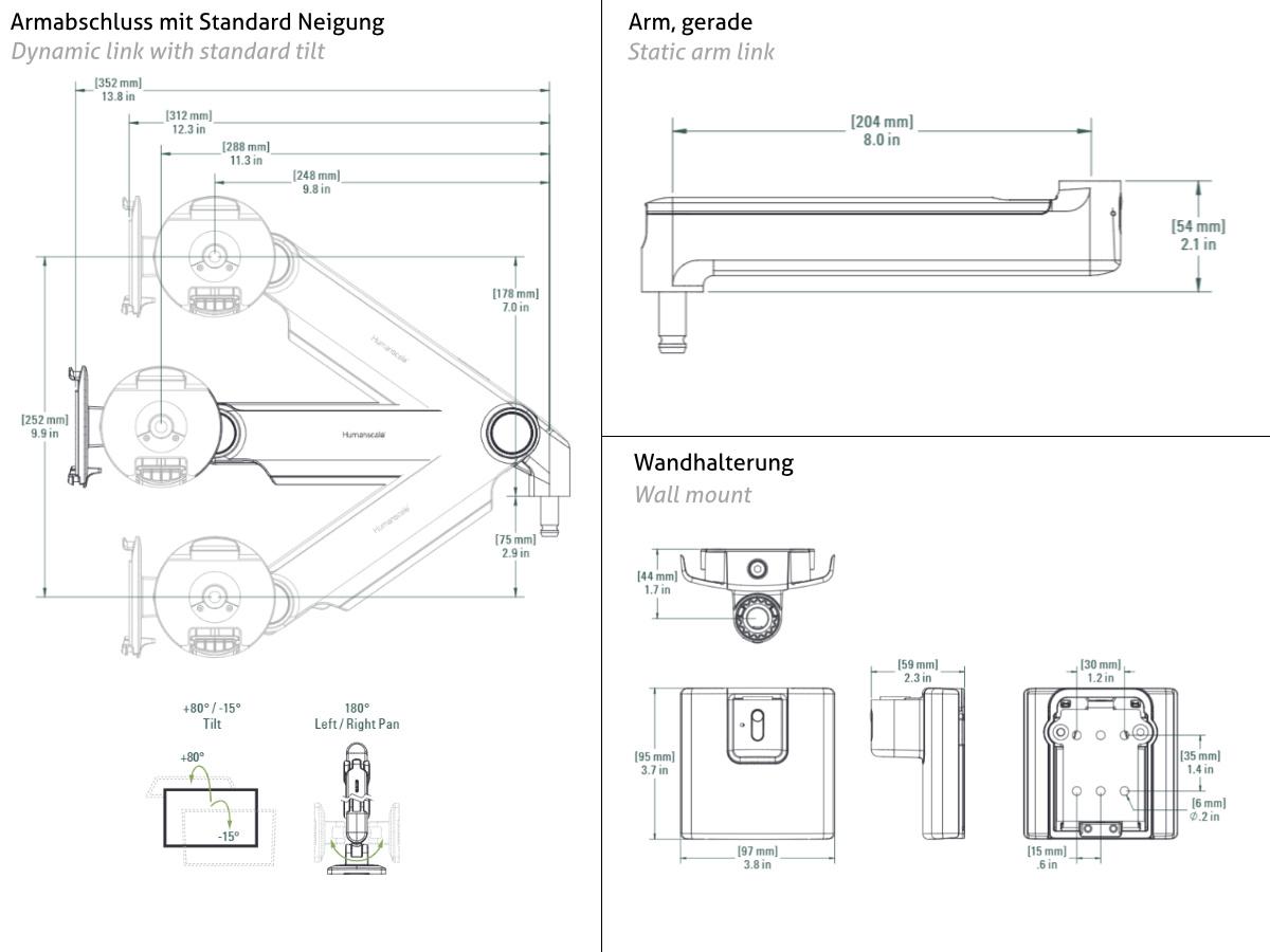 Humanscale M2.1 Monitor Wandhalterung gerade, weiß, Technische Zeichnung