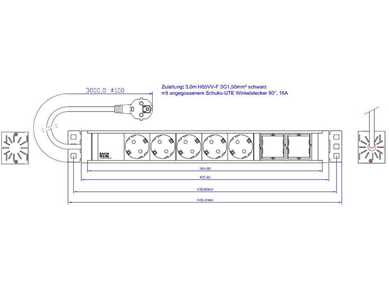 Bachmann UNIVERSAL Steckdosenleiste 5x Steckdose 2x Custom Module (922.0181) Zeichnung