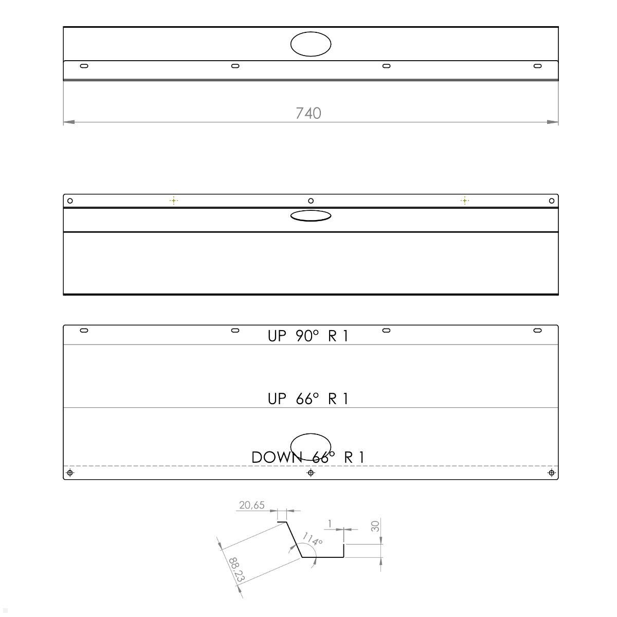 TecLines TKK005S Kabelkanal Schreibtisch 74 cm, silber, technische Zeichnung