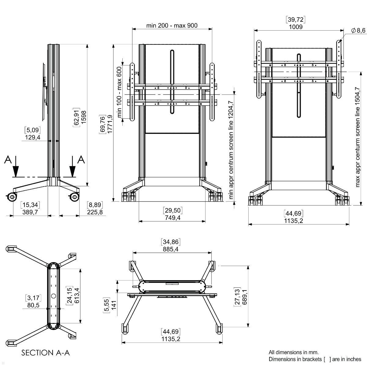 SMS EVER620 mobiler TV Ständer 98 Zoll, MDF Cover grau (16-010-9E), technische Zeichnung