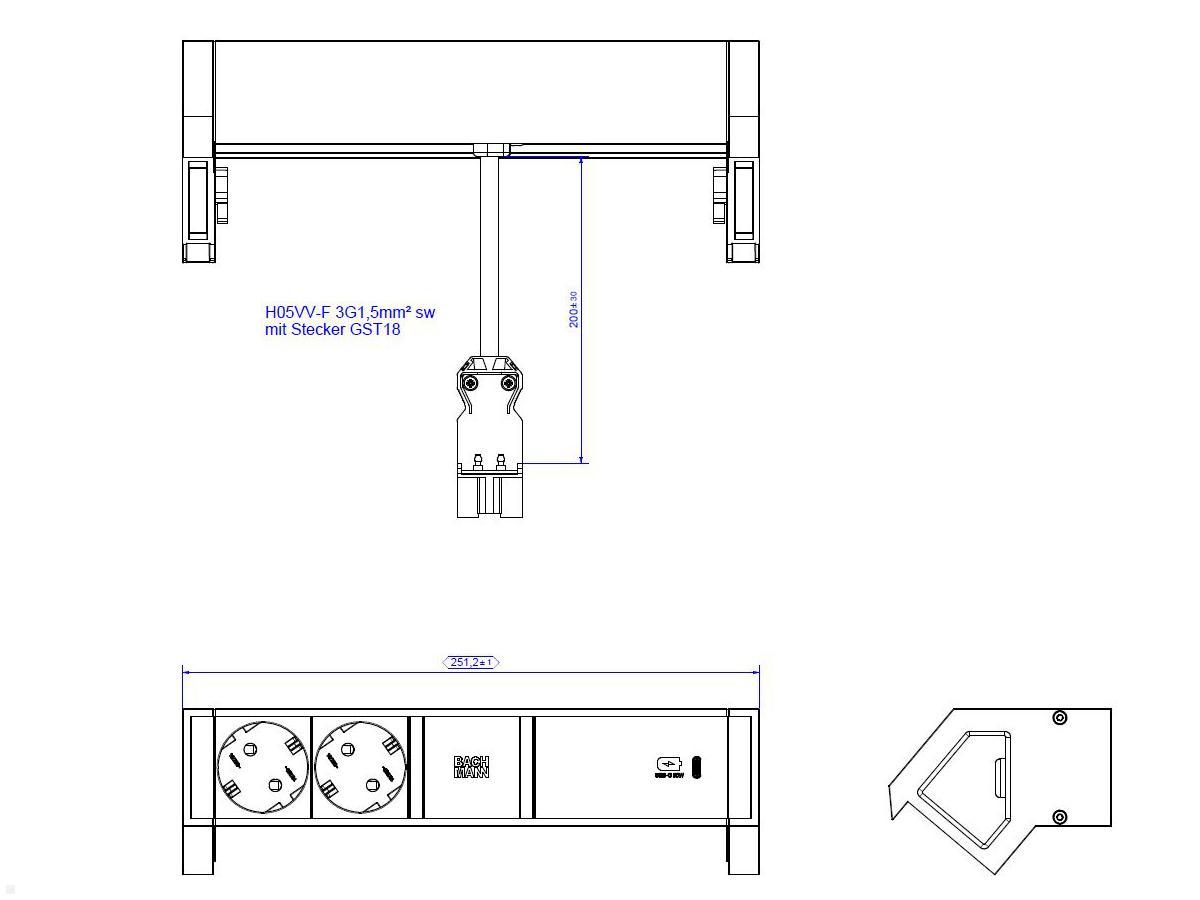 Bachmann DESK 2, 2x Steckdose, 1 USB-C Charger 60 W (902.934) weiß, techn. Zeichnung