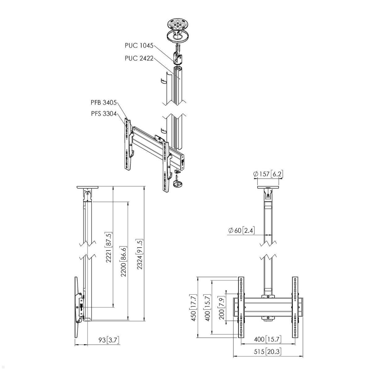 Vogels Connect-it CT242244B TV Deckenhalter bis 65 Zoll, schwarz, Zeichnung Maße