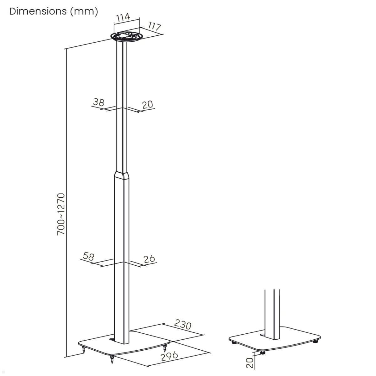 TecLines TLH004B 2x Lautsprecher Ständer Sonos Era 100 höhenverstellbar, schwarz, technische Zeichnung