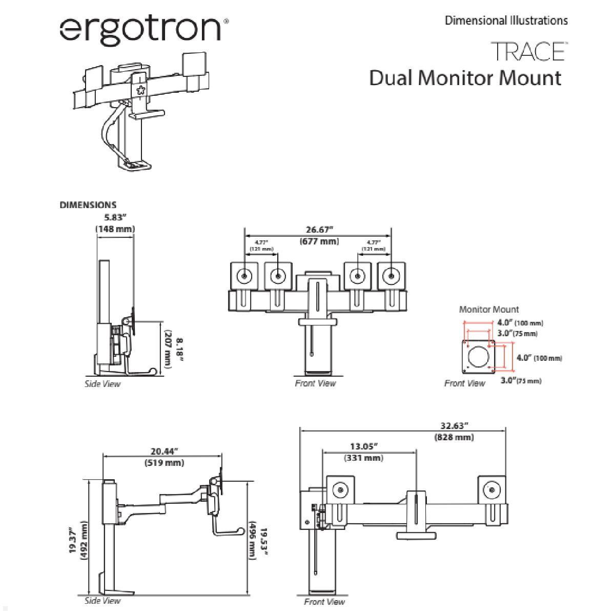 Ergotron TRACE Dual Monitor Tischhalterung (45-631-224), schwarz technische Zeichnung