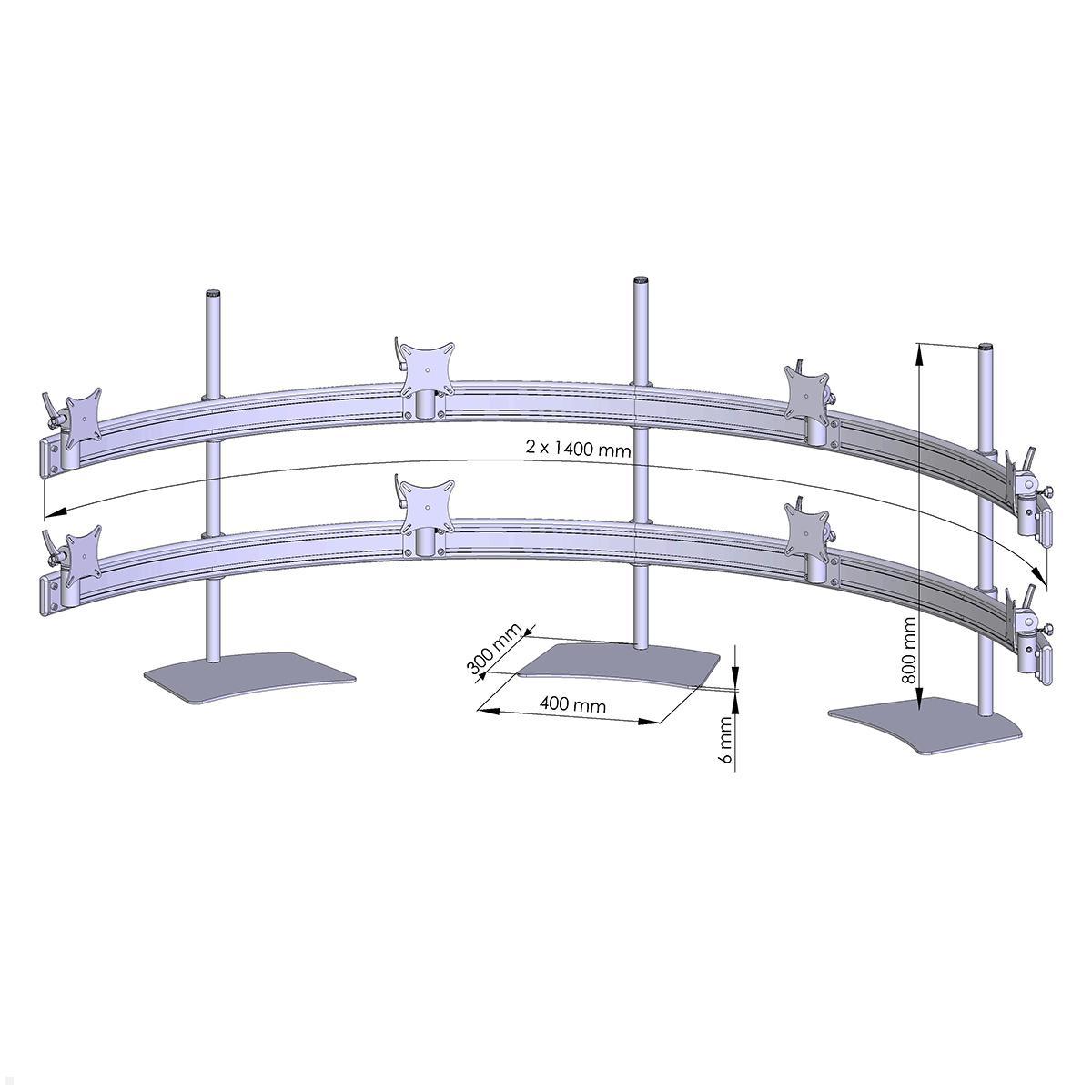 MonLines MTH299G Para 4+4 Monitor Tischhalter Standfuß bis 32 Zoll, grau, Zeichnung Maße