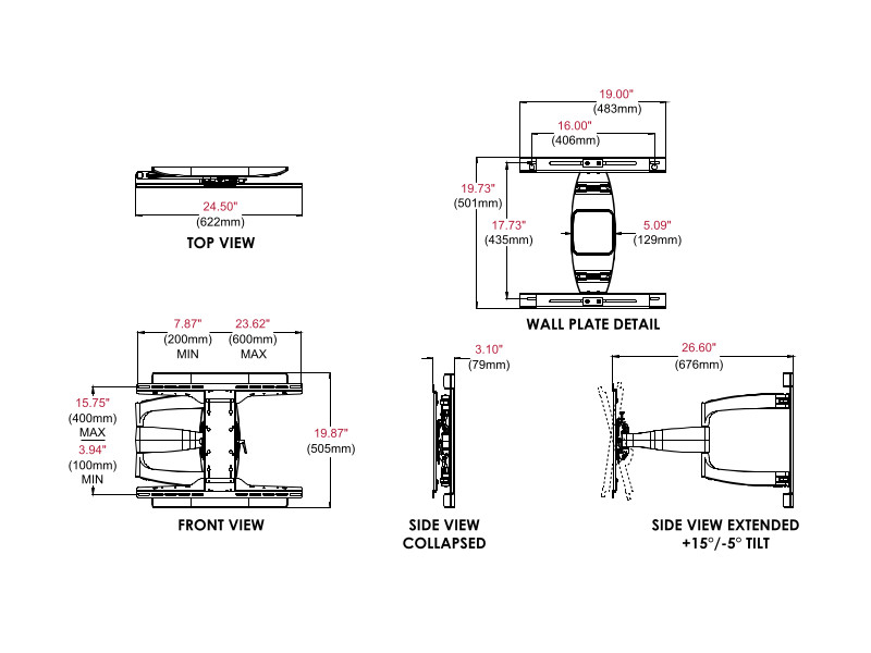 peerless SA761PU SmartMount Wandhalter Zeichnung