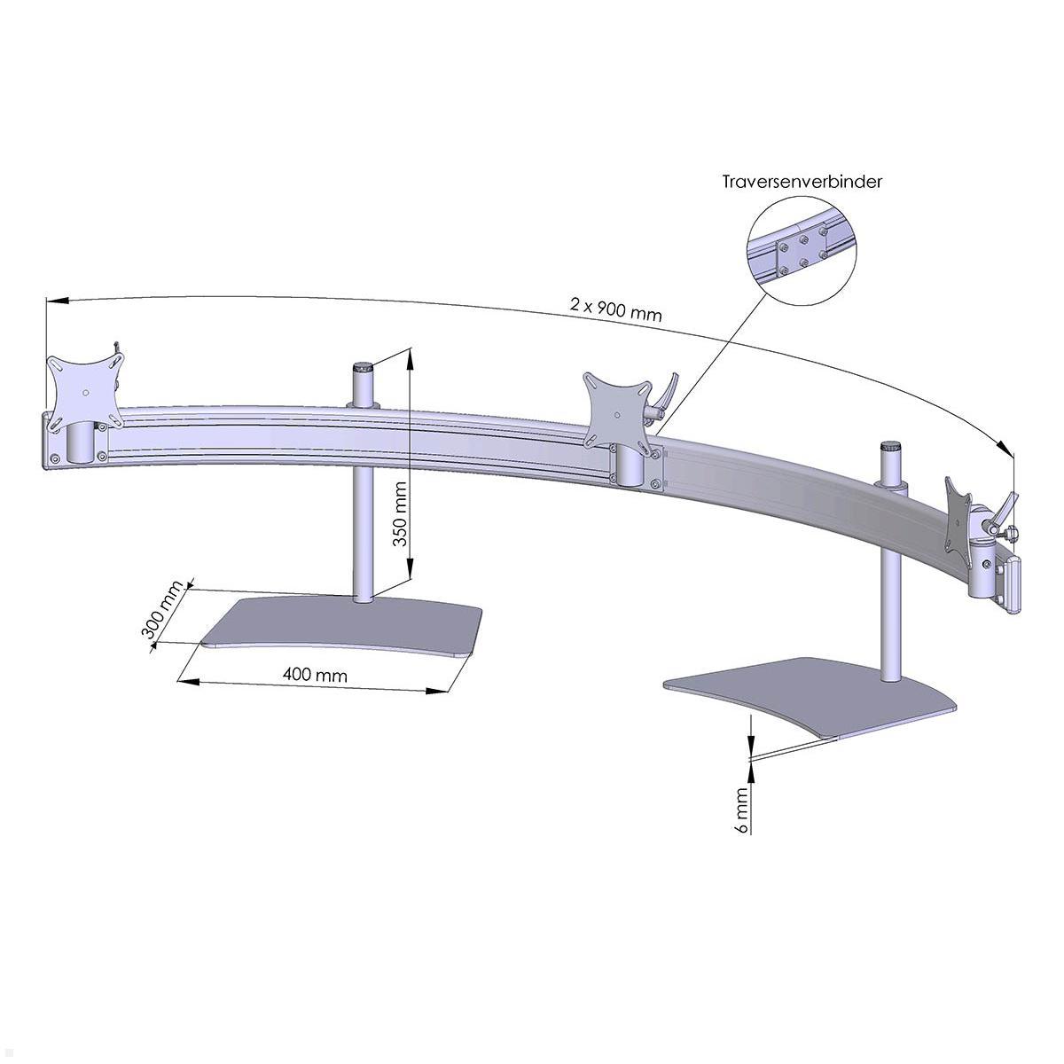 MonLines MTH245G Para 3-fach Monitorhalterung Standfuß bis 32 Zoll, grau, Zeichnung Maße