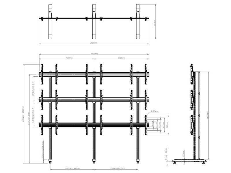 B-Tech BT8370-3x3/BB System X Video Wall Standfuß 46"-55" Maße