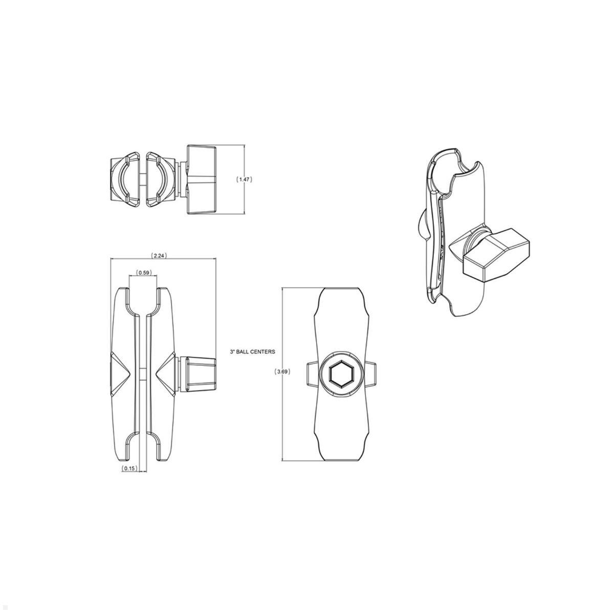 RAM Mounts Verbindungsarm mittel für B-Kugeln 1 Zoll (RAM-B-201U), Zeichnung Maße