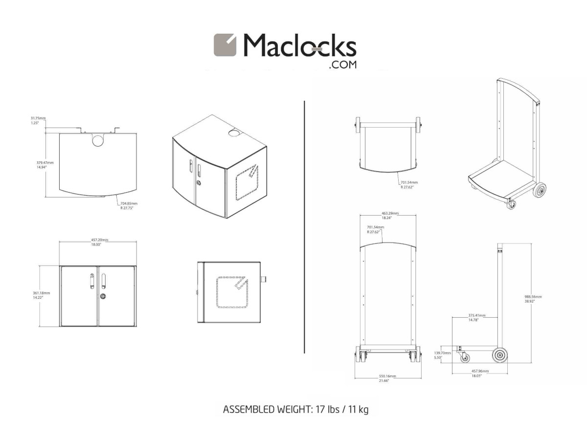 Compulocks UNO CartiPad Tablet/Laptop Ladeschrank Trolley für 16 Geräte technische Zeichnung