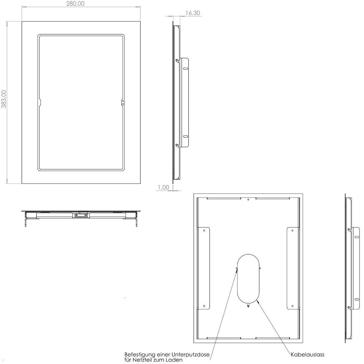 TabLines TWE123B Tablet Wandeinbau für Samsung Tab S10 Ultra 14.6, schwarz, technische Zeichnung