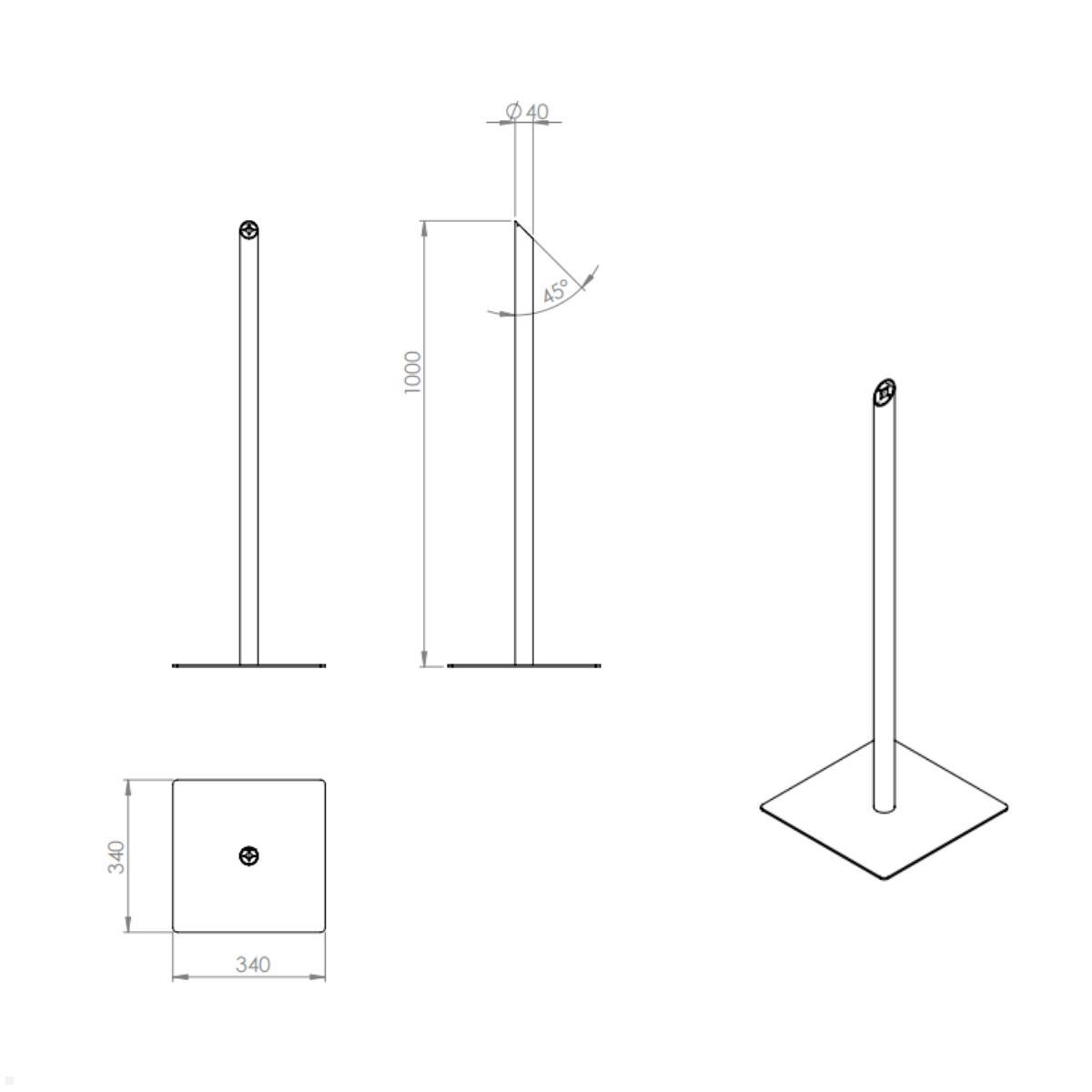 TabLines TBSfix002S Bodenständer mit Universal Tablethalter bis 12.9 Zoll, Zeichnung Maße Ständer