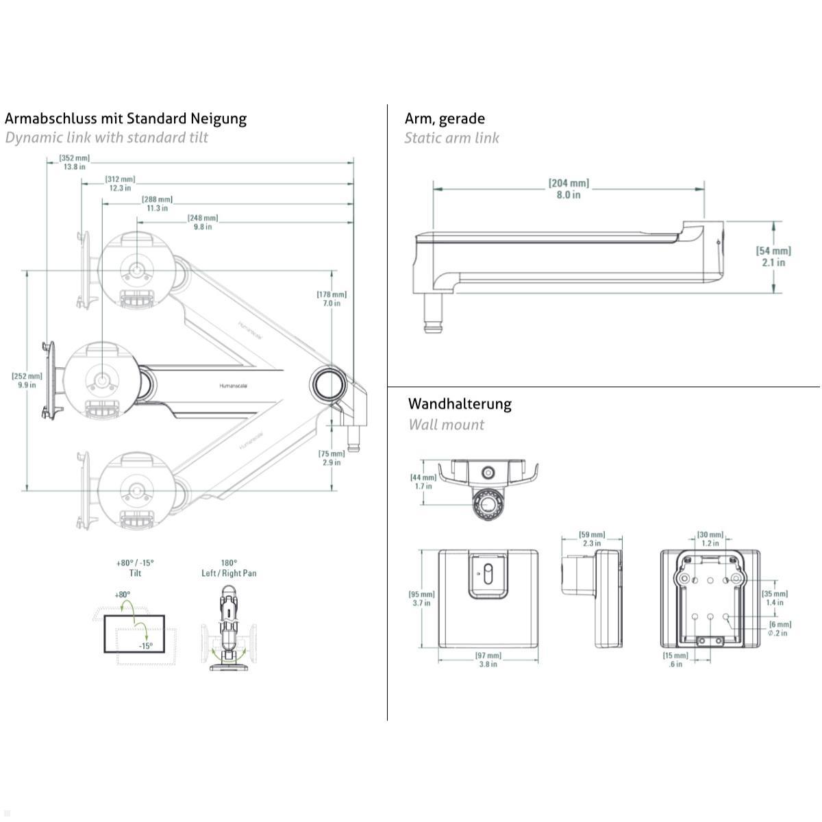 Humanscale M2.1 Laptop Wandhalterung mit Schwenkarm gerade, schwarz, technische Zeichnung