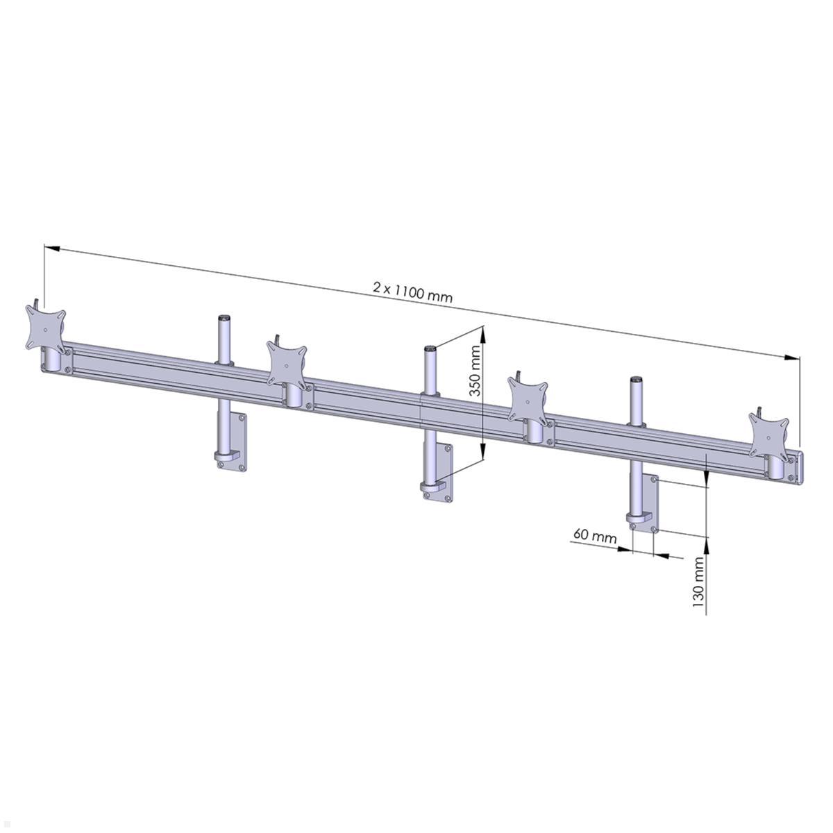 MonLines MWH219B Flat Wandhalter für 4 Monitore nebeneinander bis 32 Zoll, schwarz technische Zeichnung