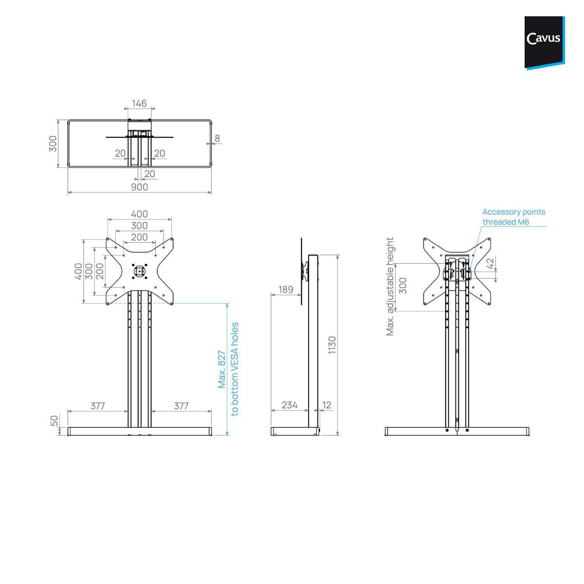 Cavus EDGE100B44 TV Bodenständer 1000 mm Säule VESA 400x400, schwarz technische Zeichnung