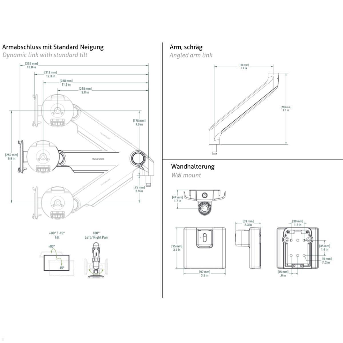 Humanscale M2.1 Laptop Wandhalterung mit Schwenkarm schräg, schwarz, technische Zeichnung