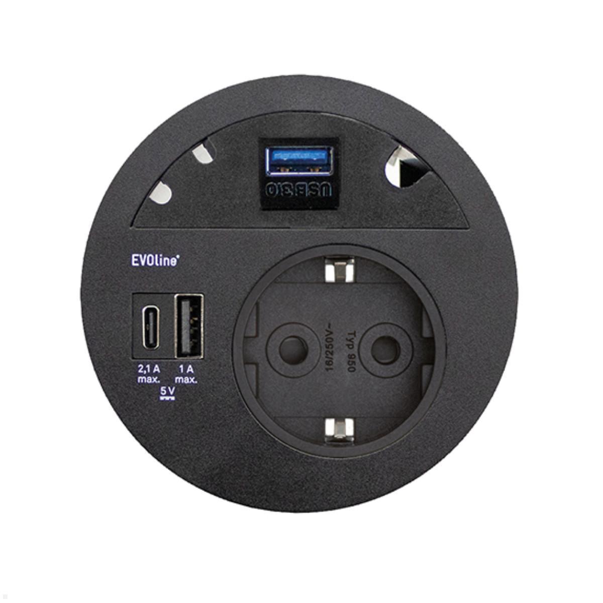 EVOline Circle80 Einbausteckdose mit USB-Charger A/C, Blende USB 3.0, schwarz