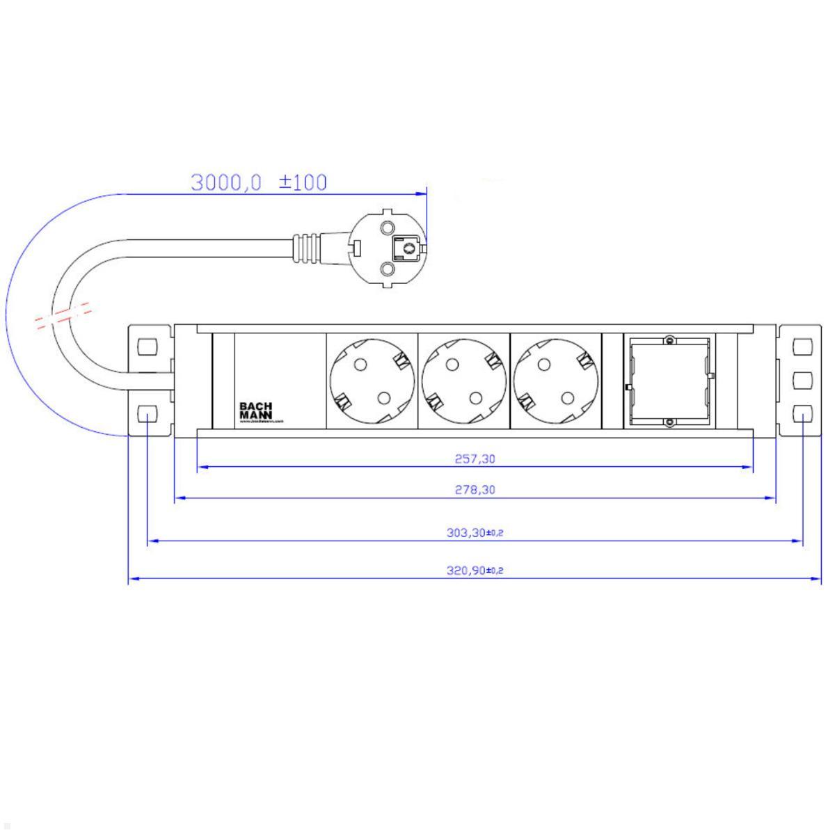 Bachmann UNIVERSAL Steckdosenleiste 3x Steckdose 2x CAT6A (922.0111C), technische Zeichnung Steckdosenleiste