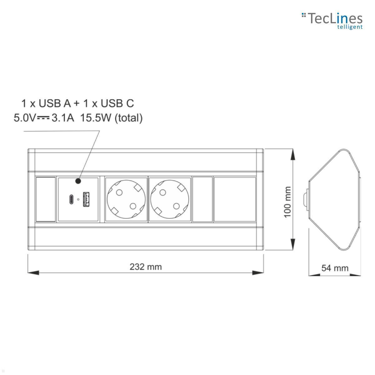 TecLines TAS010E 2-fach Ecksteckdose mit USB A/C Charger, Edelstahl technische Zeichnung