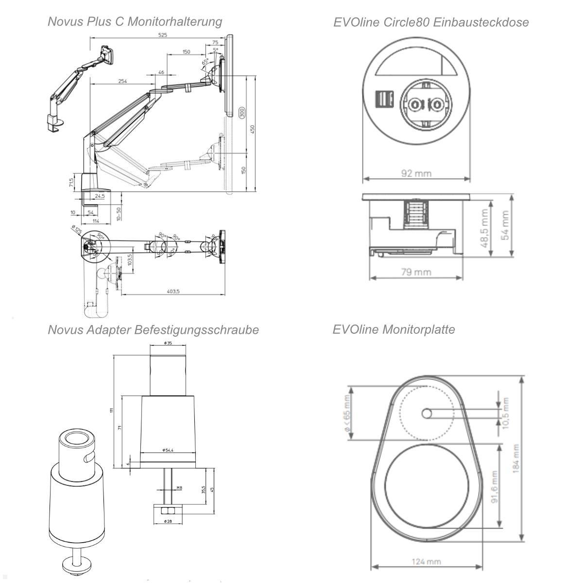Novus Clu Plus C Monitorhalter mit Einbausteckdose USB-Charger A/C, Skizzen der im Lieferumfang enthaltenden Artikel