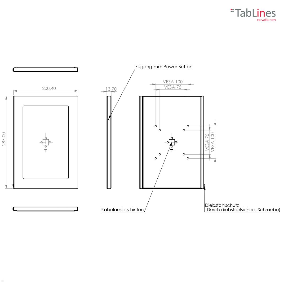 TabLines TSG085B Tablet Schutzgehäuse für Samsung Tab A8 10.5 (2022), schwarz technische Zeichnung