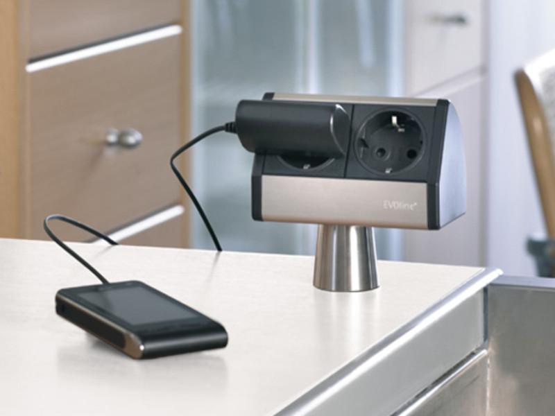 EVOline T-Dock 1x Steckdose auf Edelstahlfuß mit USB-Charger, schwarz Ladestation