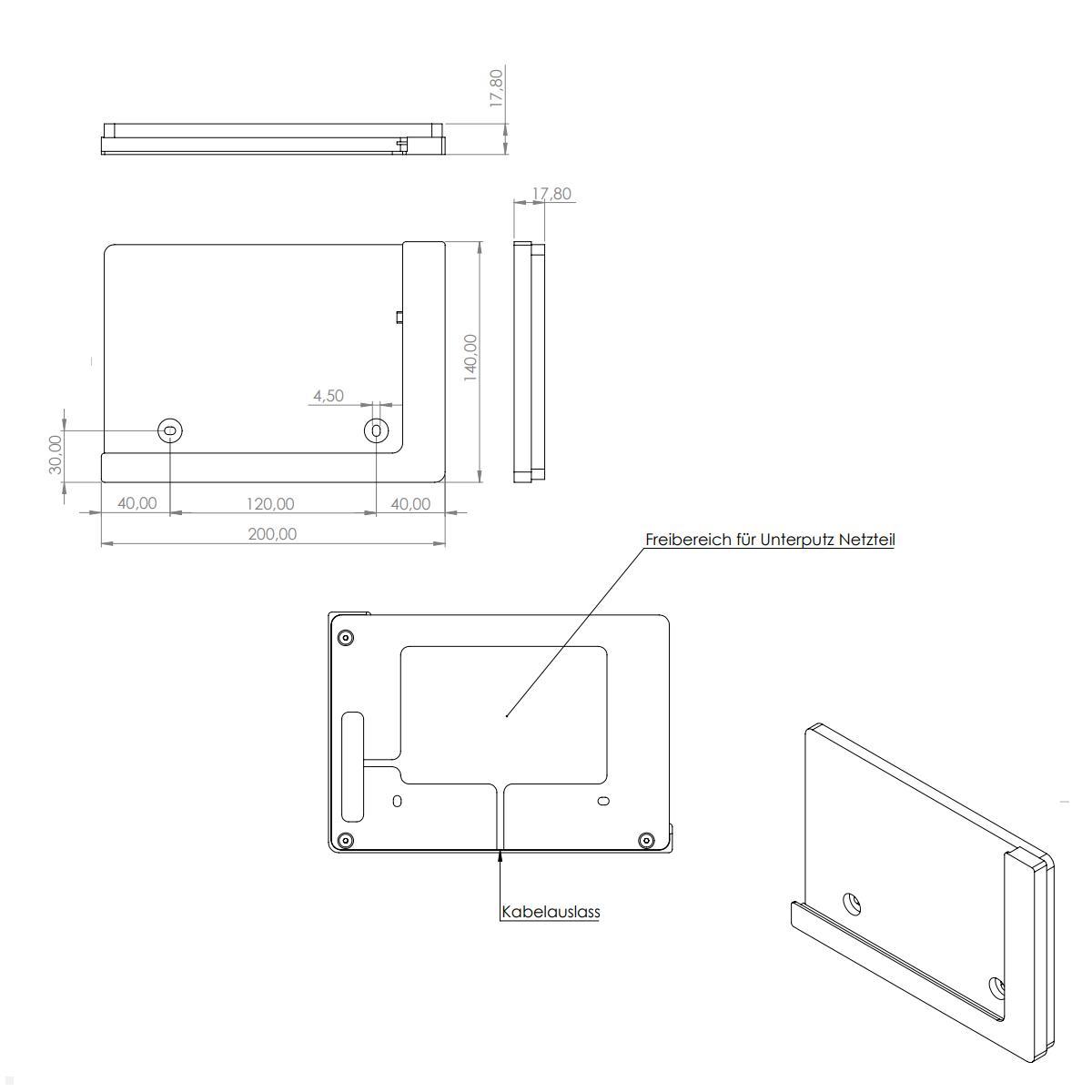 TabLines TWP009B Wandhalterung für Apple Air 2 9.7, schwarz, Zeichnung Maße ohne Tablet