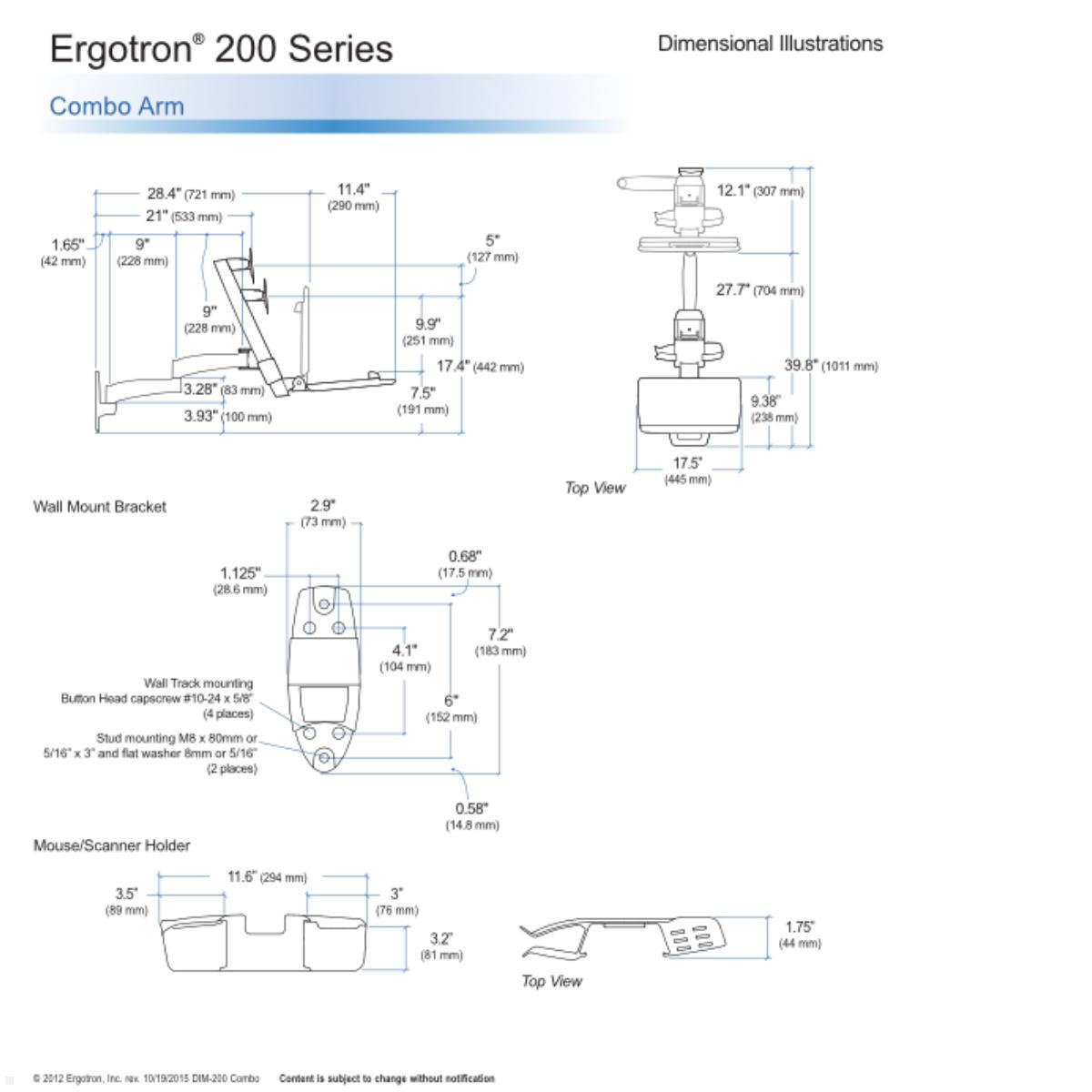 Ergotron Combo Arm der Serie 200 Wandhalterung schwarz (45-230-200) technische Zeichnung