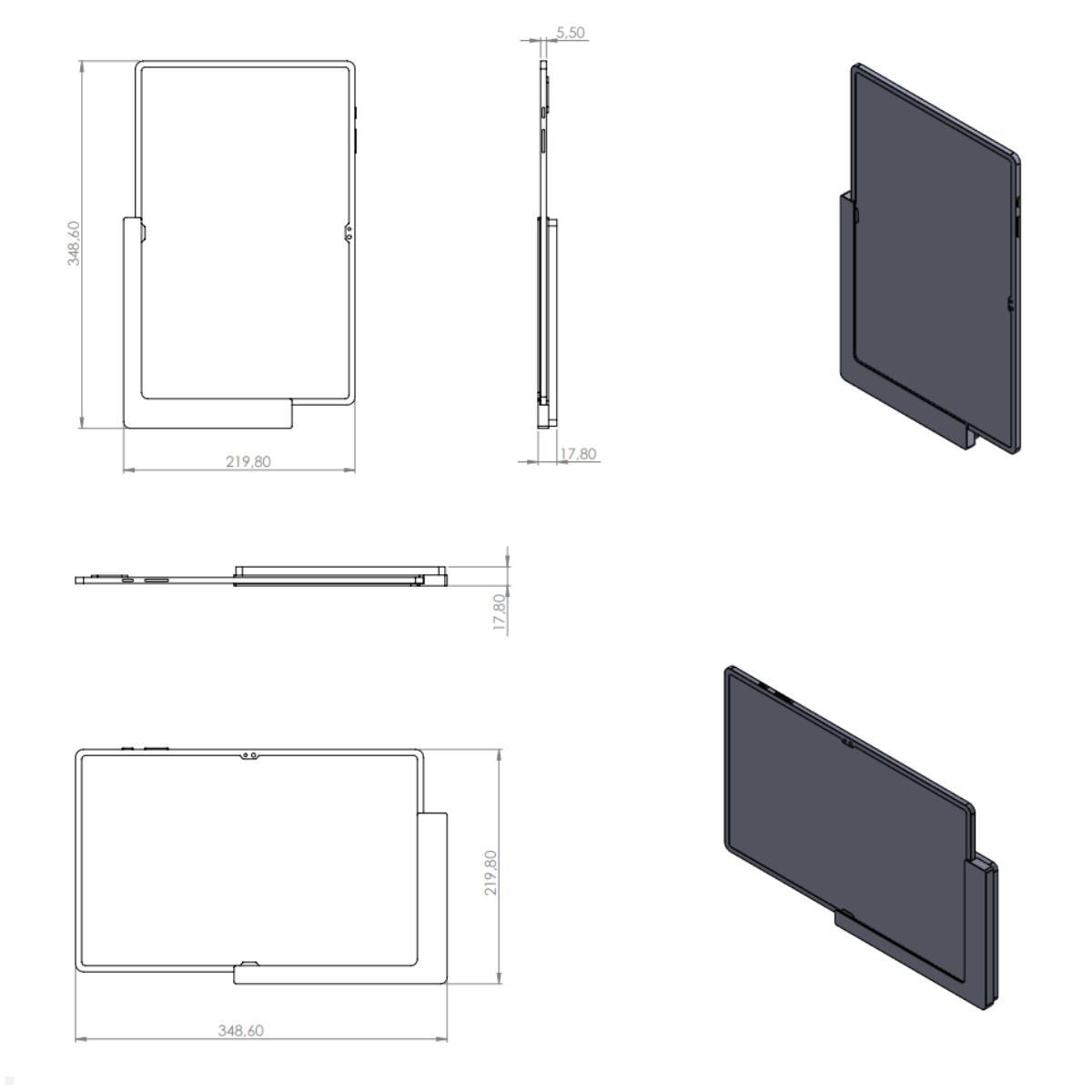 TabLines TWP031W Wandhalterung für Samsung Tab S9 Ultra 14.6, weiß, Zeichnung Maße mit Tablet