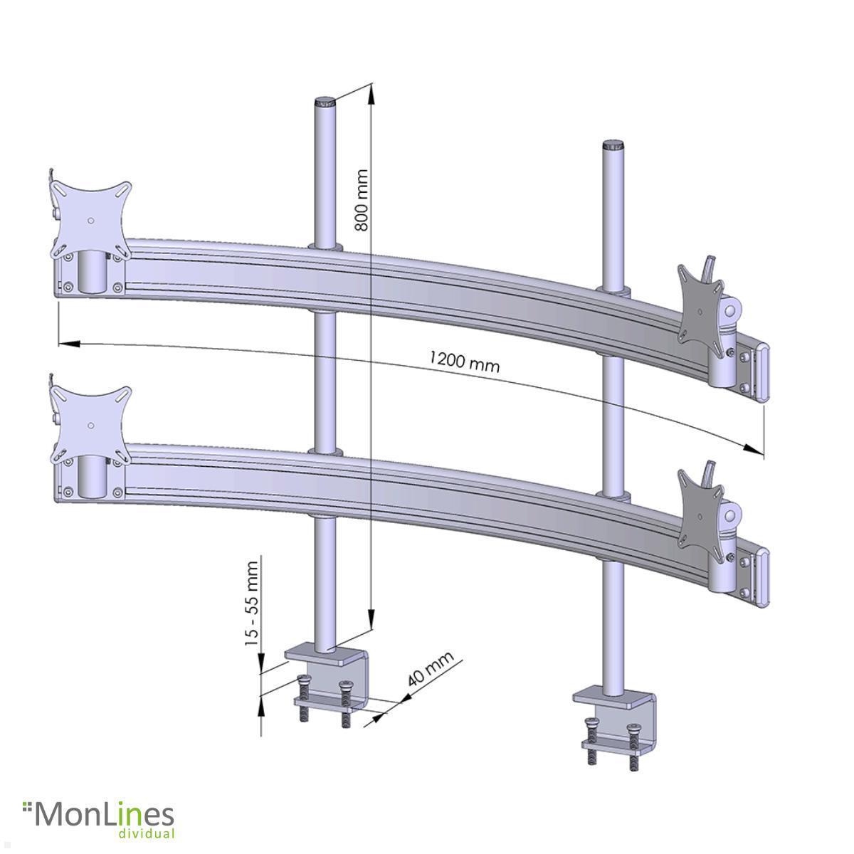 MonLines MTH280B Para 2+2 Monitorhalterung mit Tischklemme bis 32 Zoll, schwarz technische Zeichnung