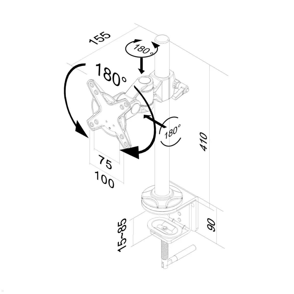 Neomounts FPMA-D1010 Monitor Tischhalterung, Klemme silber, Technische Zeichnung