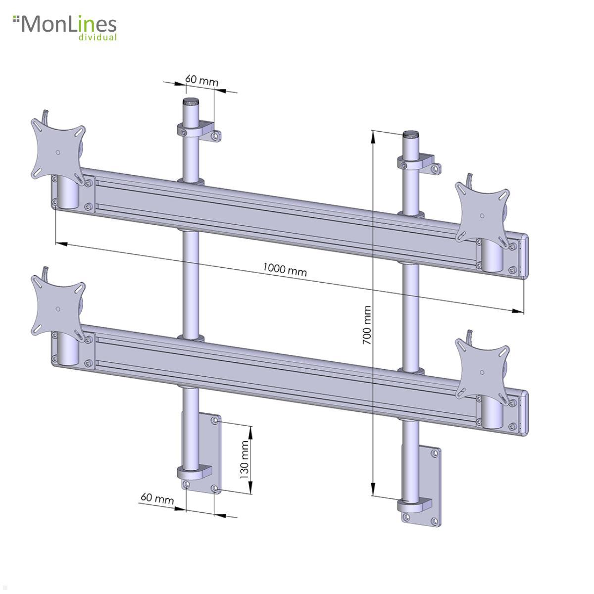 Monlines MWH206B 2+2 Monitor Wandhalterung für 4 Monitore, schwarz technische Zeichnung