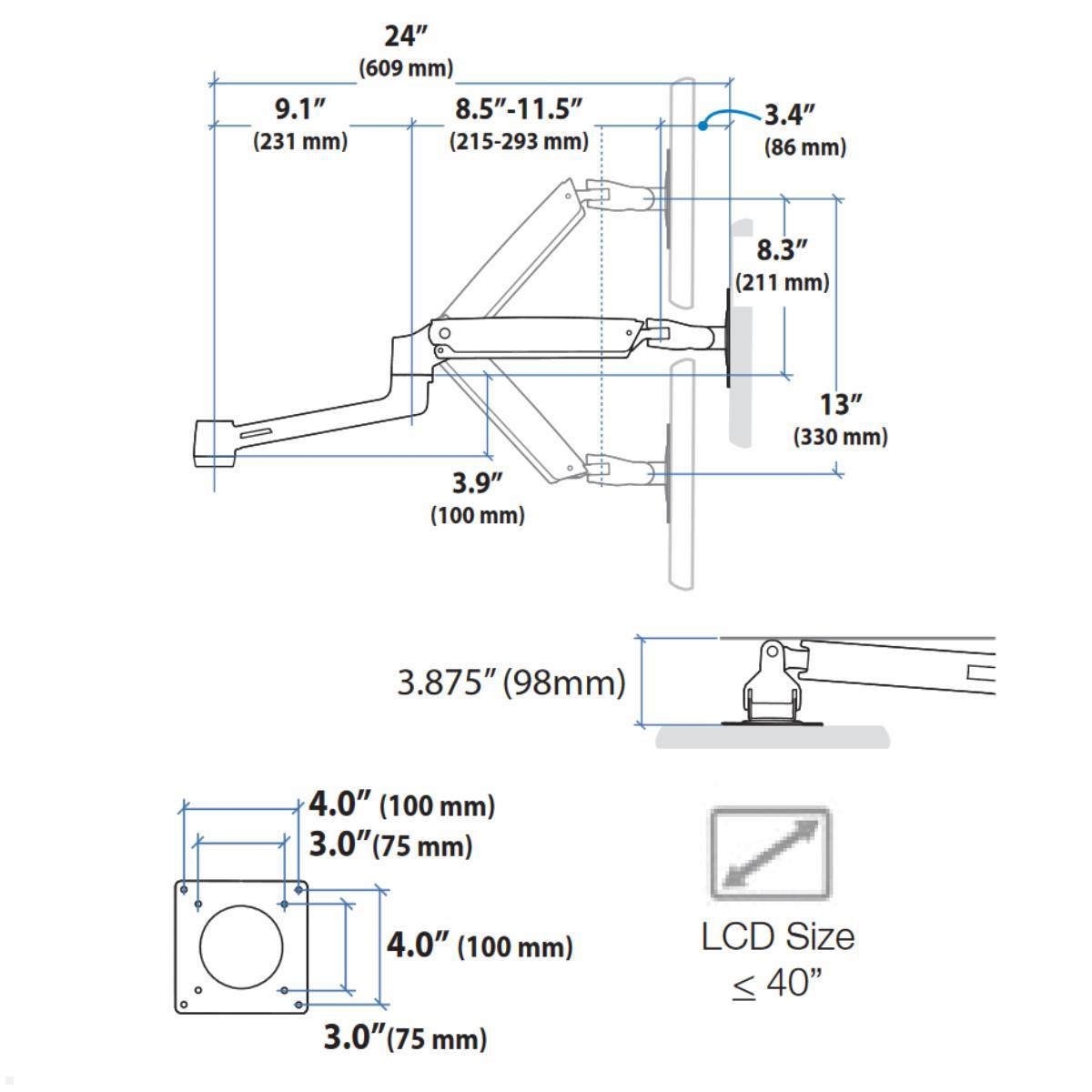 Ergotron Zubehör LX Zusatzarm mit Ringsatz, weiß (98-130-216) Maße