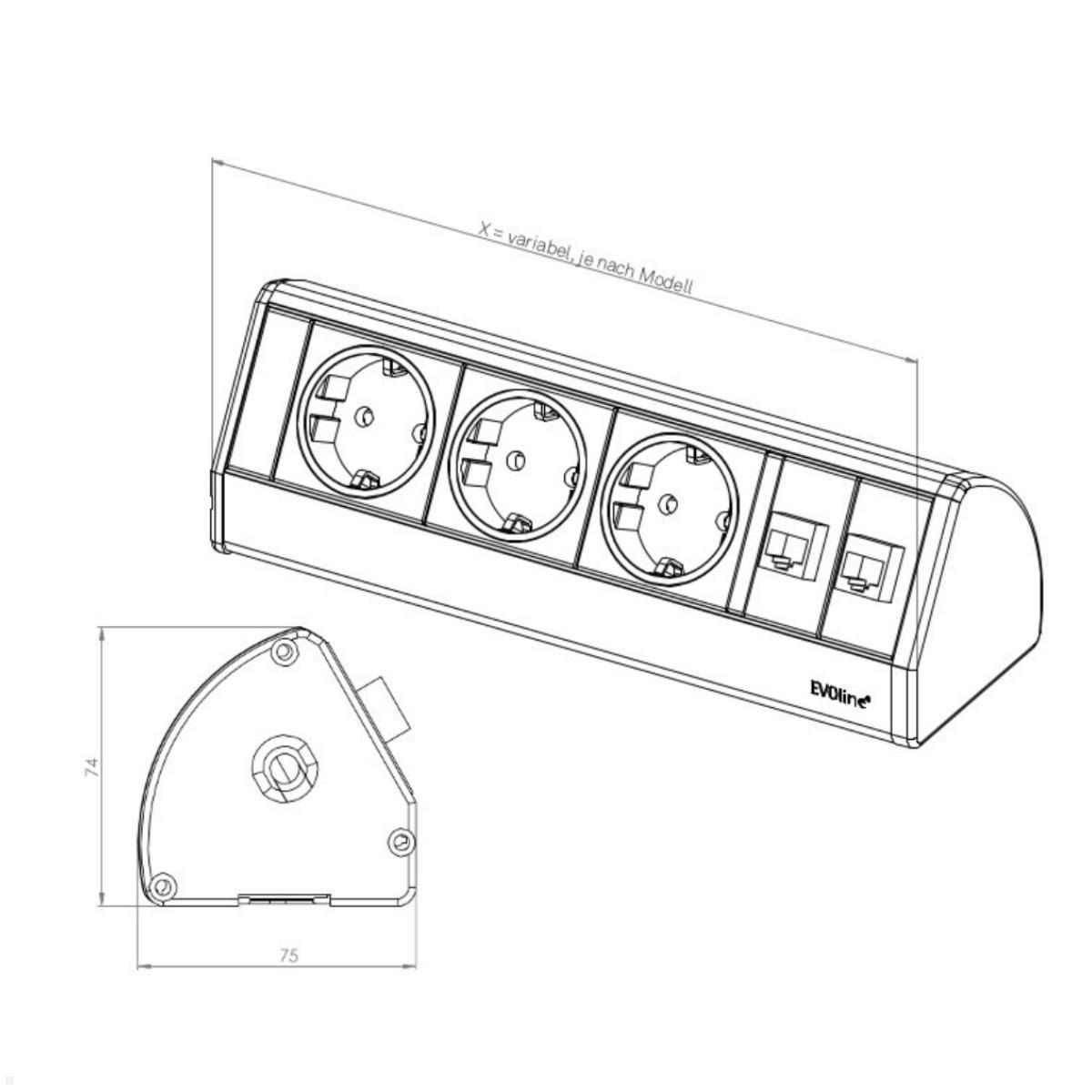 EVOline Dock DESK DATA 3-fach Steckdose, Skizze