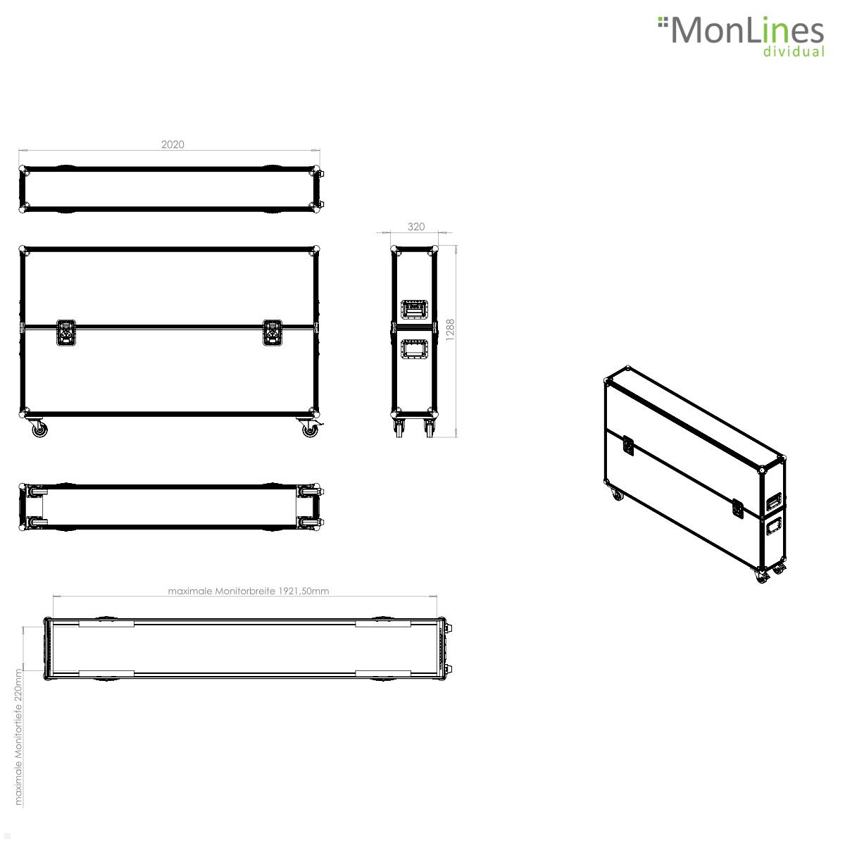 MonLines MTC006B Display Transportcase 66 - 85 Zoll technische Zeichnung