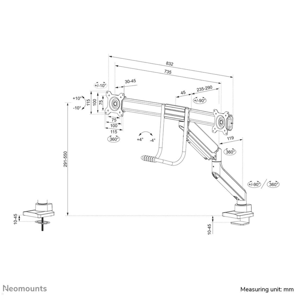 Neomounts DS75-450WH2 Monitorhalter für 2 Monitore nebeneinander bis 32 Zoll, weiß technische Zeichnung