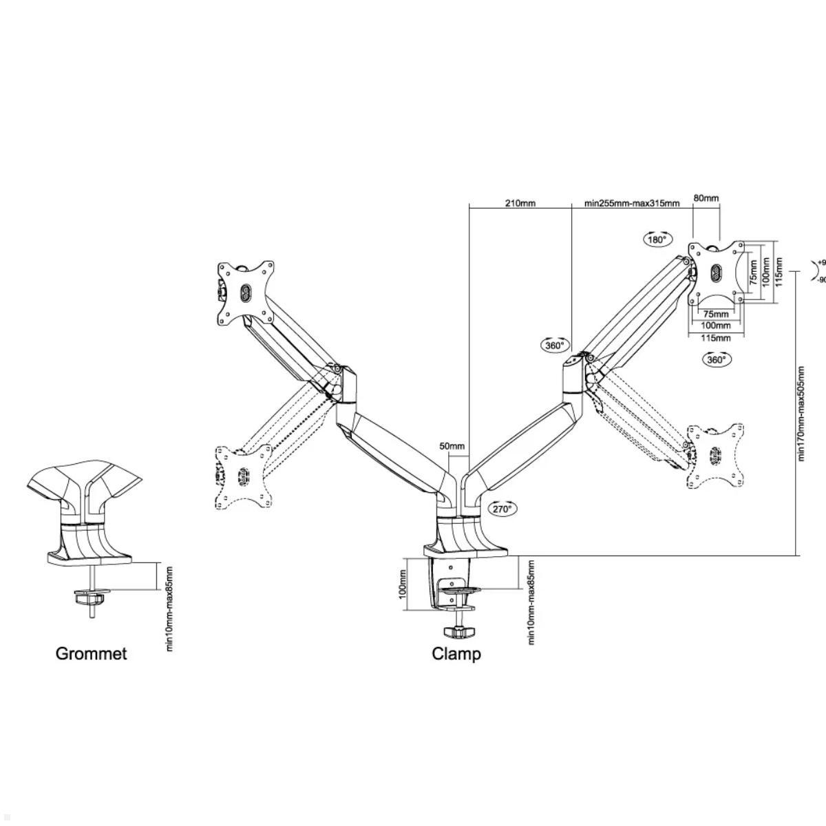 Neomounts Select NM-D750D Dual-Monitor Tischhalter höhenverstellbar bis 32 Zoll, Skizze